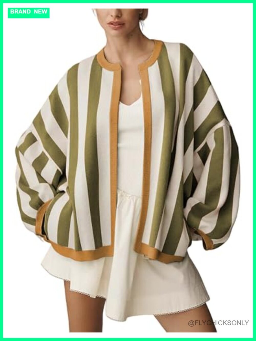 Loose Fit Striped Cardigan Long Balloon Sleeves Open Front Knit Sweater